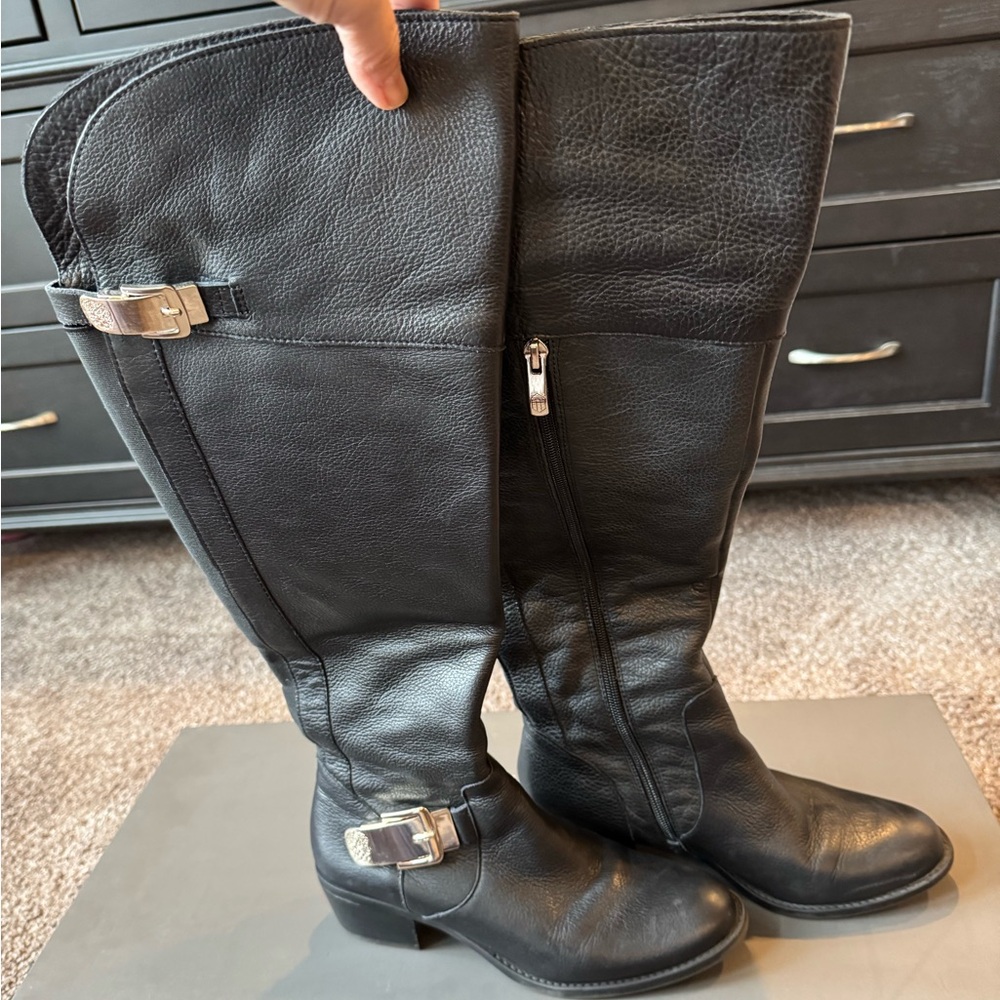 EUC Vince Camuto Bocca Over Knee Black Leather Riding Boots with Gold Buckle